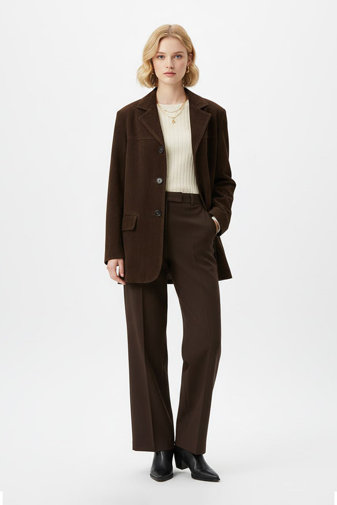 Goatskin Suede Lapel-Collar Blazer in Brown Dark Brown / L Fibflx