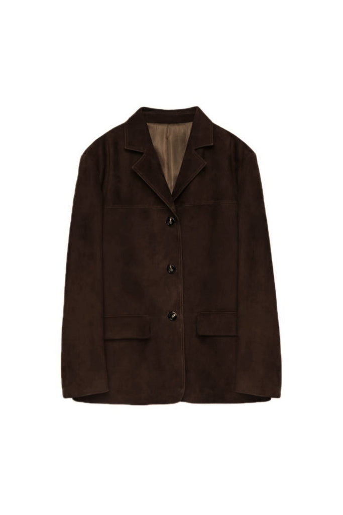 Goatskin Suede Lapel-Collar Blazer in Brown  Fibflx