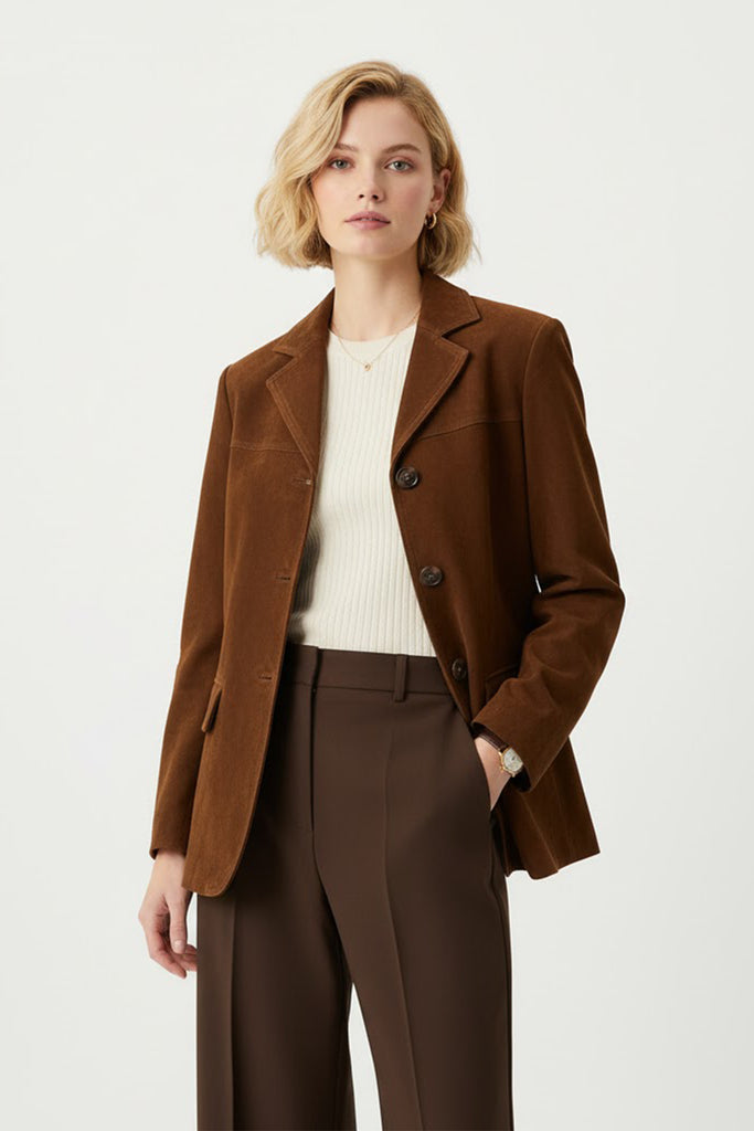 Goatskin Suede Lapel-Collar Blazer in Brown Golden Brown / L Fibflx