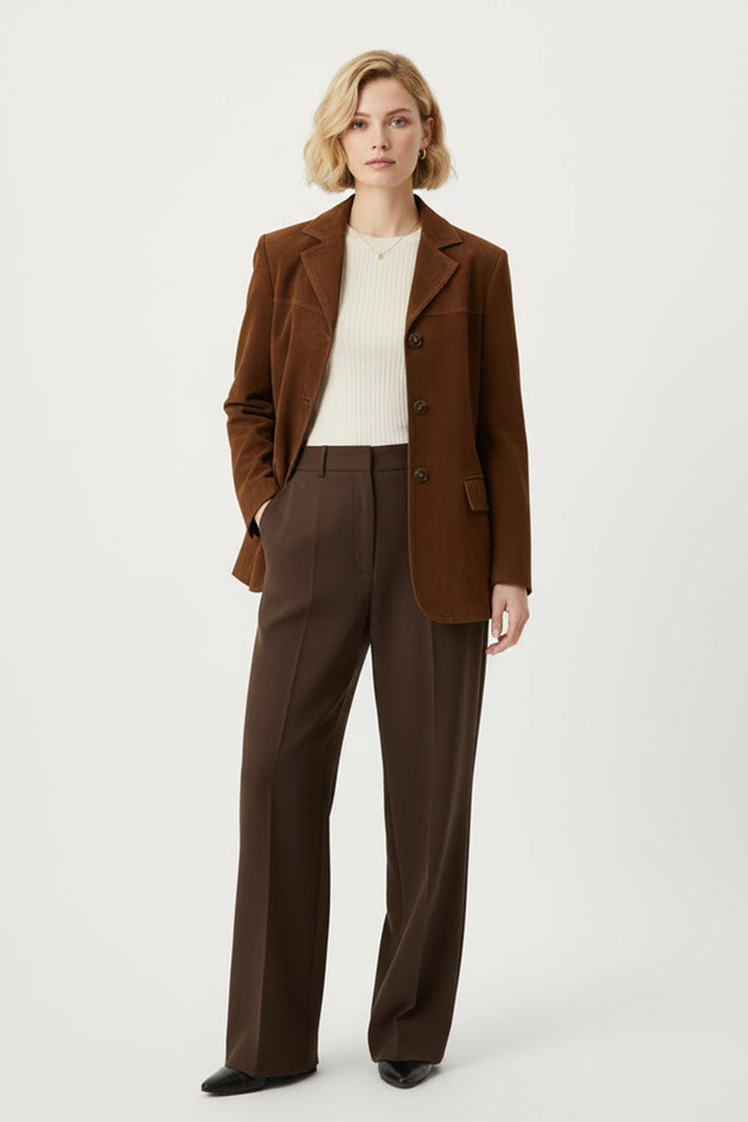 Goatskin Suede Lapel-Collar Blazer in Brown  Fibflx
