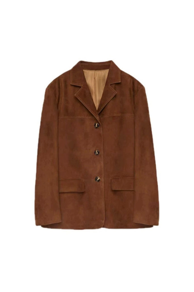 Goatskin Suede Lapel-Collar Blazer in Brown  Fibflx