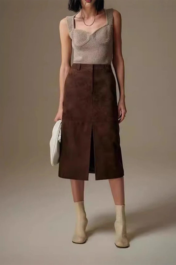 Goatskin Suede Straight-Fit Midi Skirt in Brown  Fibflx