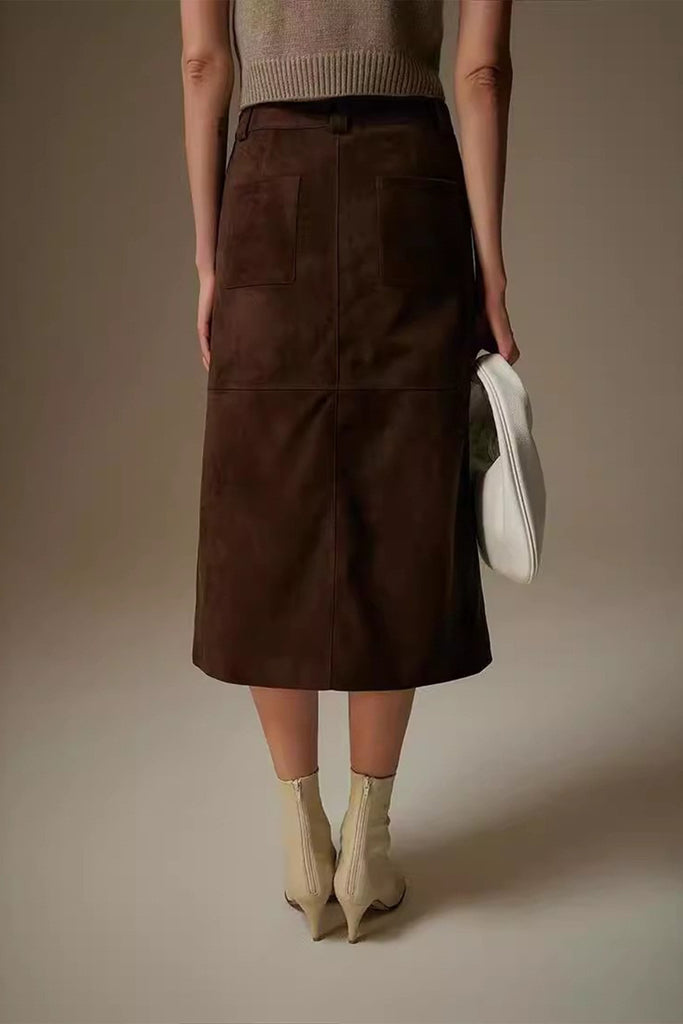 Goatskin Suede Straight-Fit Midi Skirt in Brown  Fibflx