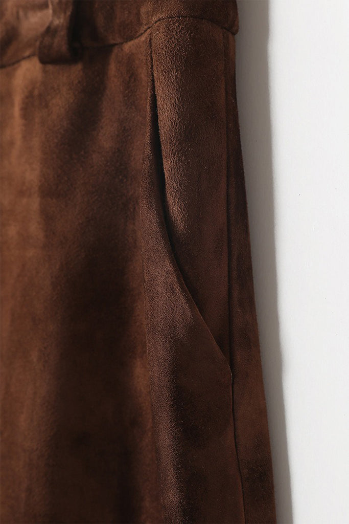 Goatskin Suede Straight-Fit Midi Skirt in Brown  Fibflx