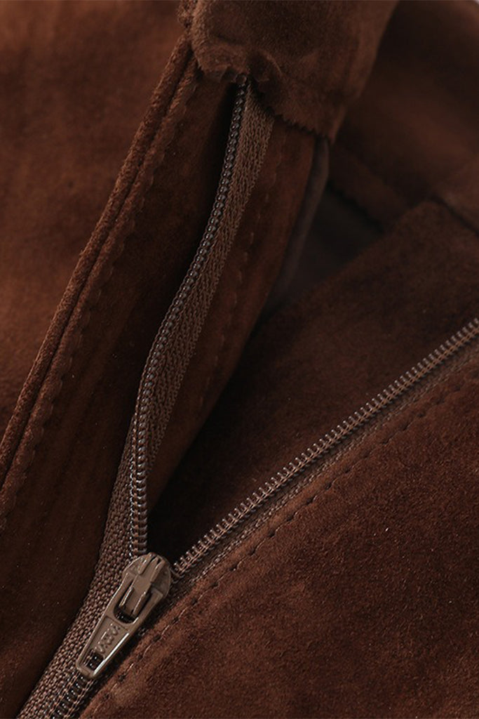 Goatskin Suede Straight-Fit Midi Skirt in Brown  Fibflx