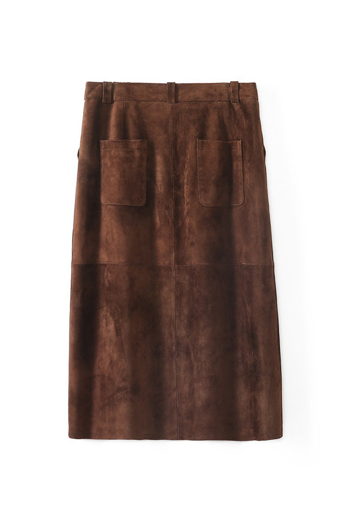 Goatskin Suede Straight-Fit Midi Skirt in Brown  Fibflx