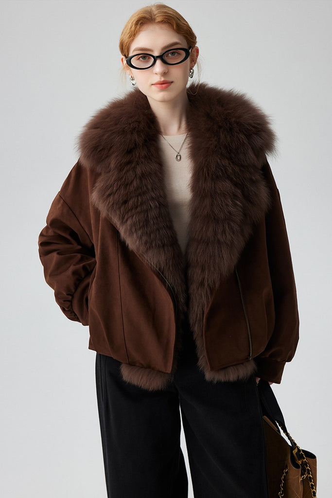 Goose Down Aviator Jacket with Fox Fur Collar Cocoa Brown / L Fibflx