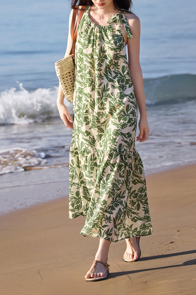 Green Floral Halter-Neck Beach Midi Dress  Fibflx
