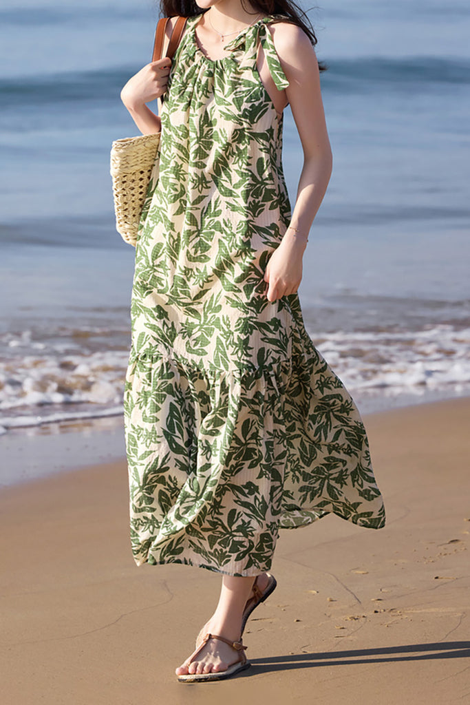 Green Floral Halter-Neck Beach Midi Dress  Fibflx