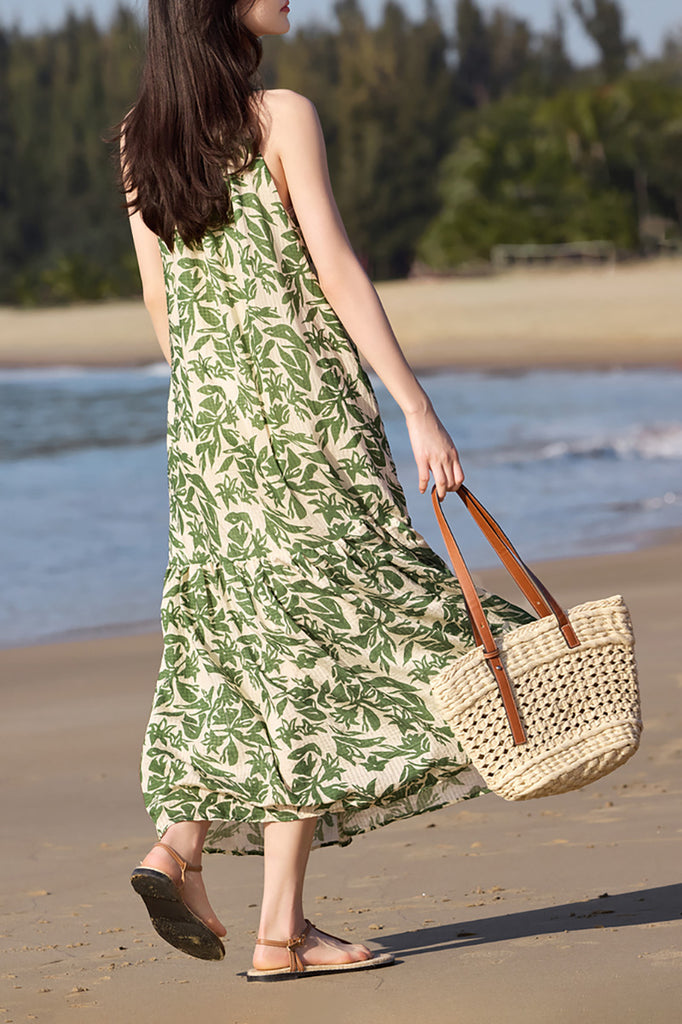 Green Floral Halter-Neck Beach Midi Dress  Fibflx