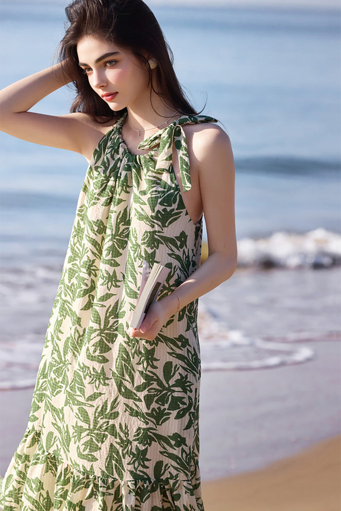 Green Floral Halter-Neck Beach Midi Dress  Fibflx