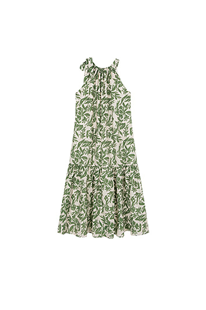 Green Floral Halter-Neck Beach Midi Dress  Fibflx