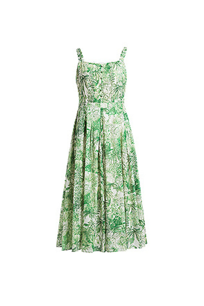 Green Floral Square-Neck Sleeveless Midi Dress  Fibflx