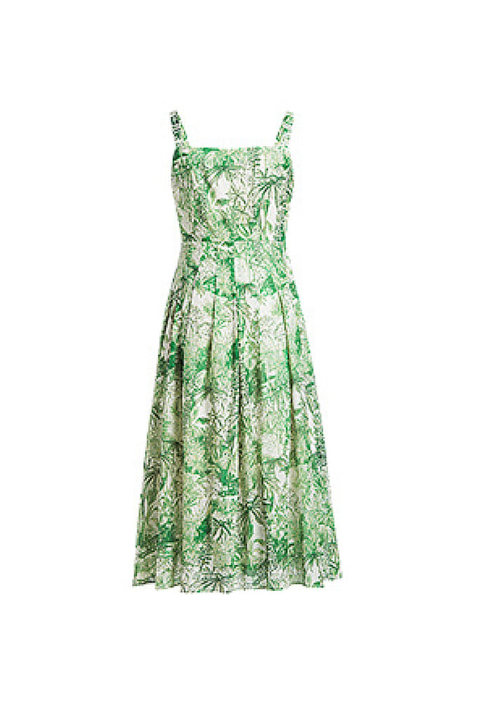 Green Floral Square-Neck Sleeveless Midi Dress  Fibflx
