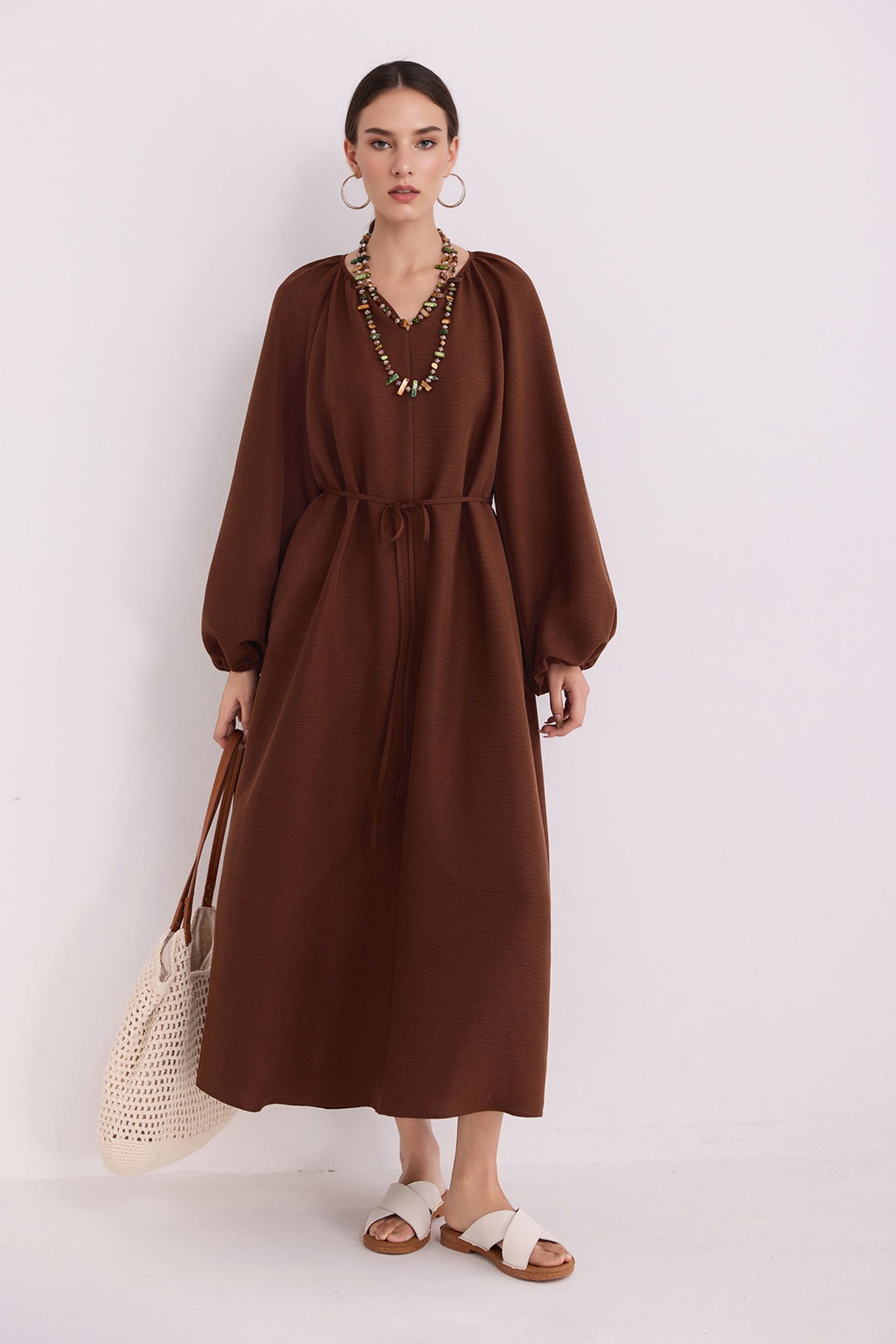 green lantern sleeve dress Lantern-Sleeve V-Neck Maxi S / Chocolate Brown / 86% Viscose 11% Polyester 3% Polyamide recently_added_2026-04-07