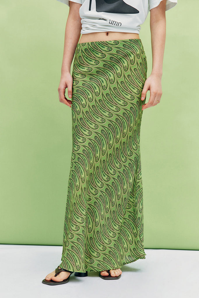 Green Paisley Print Maxi Skirt - Fibflx