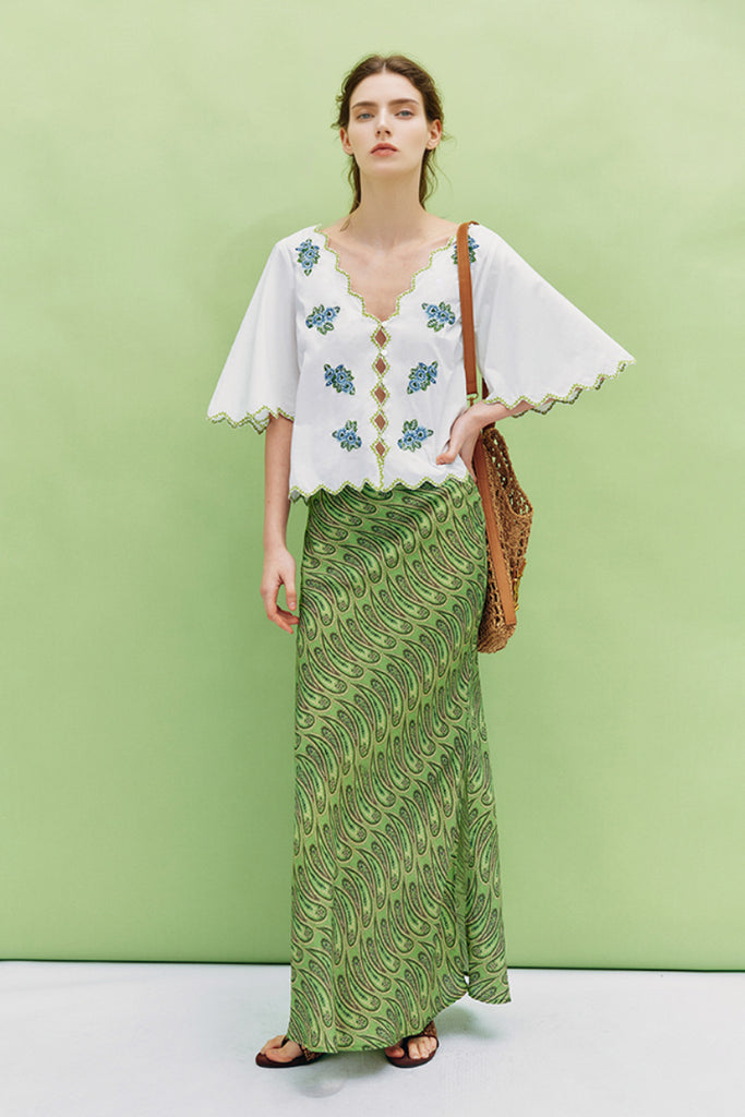 Green Paisley Print Maxi Skirt - Fibflx
