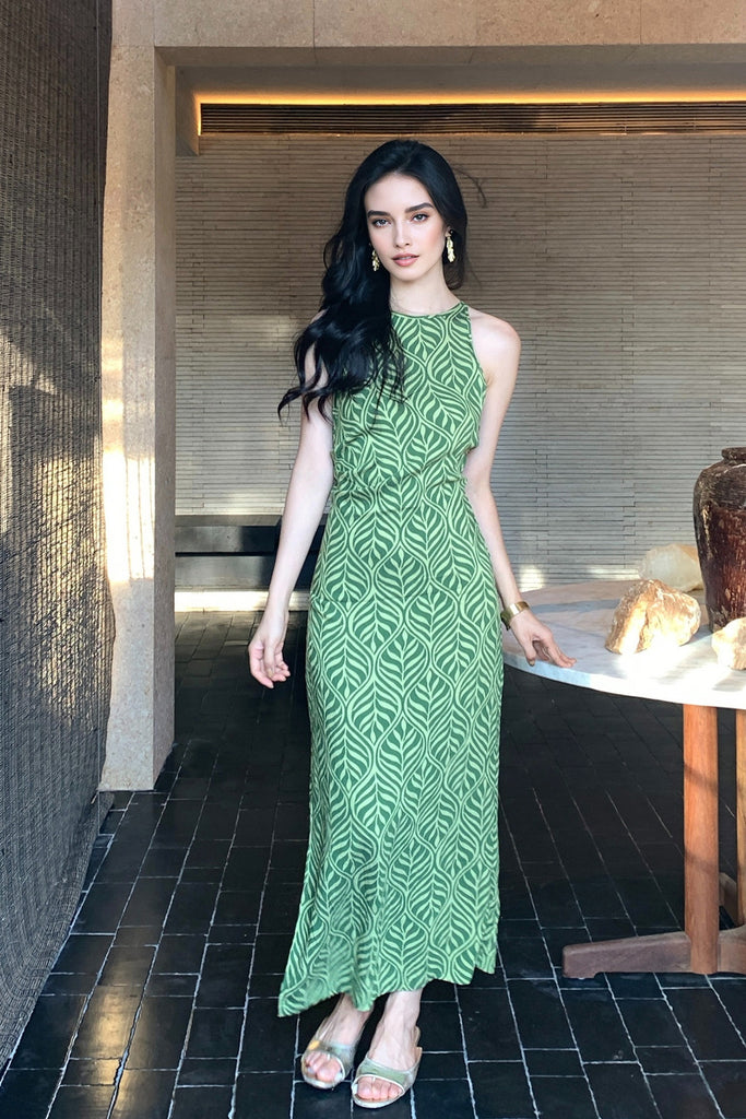 Green Paisley Print Sleeveless Maxi Dress  Fibflx