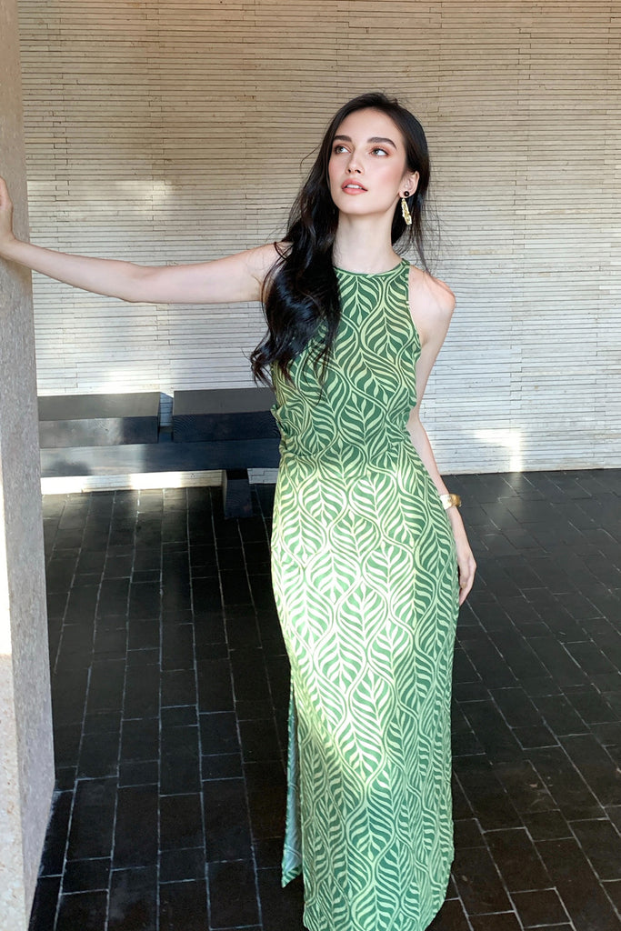 Green Paisley Print Sleeveless Maxi Dress  Fibflx