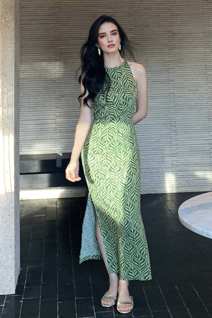 Green Paisley Print Sleeveless Maxi Dress  Fibflx