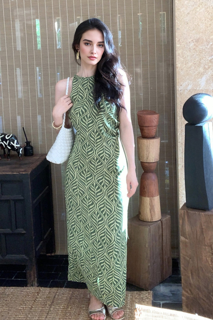 Green Paisley Print Sleeveless Maxi Dress  Fibflx