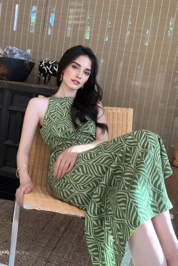 Green Paisley Print Sleeveless Maxi Dress  Fibflx