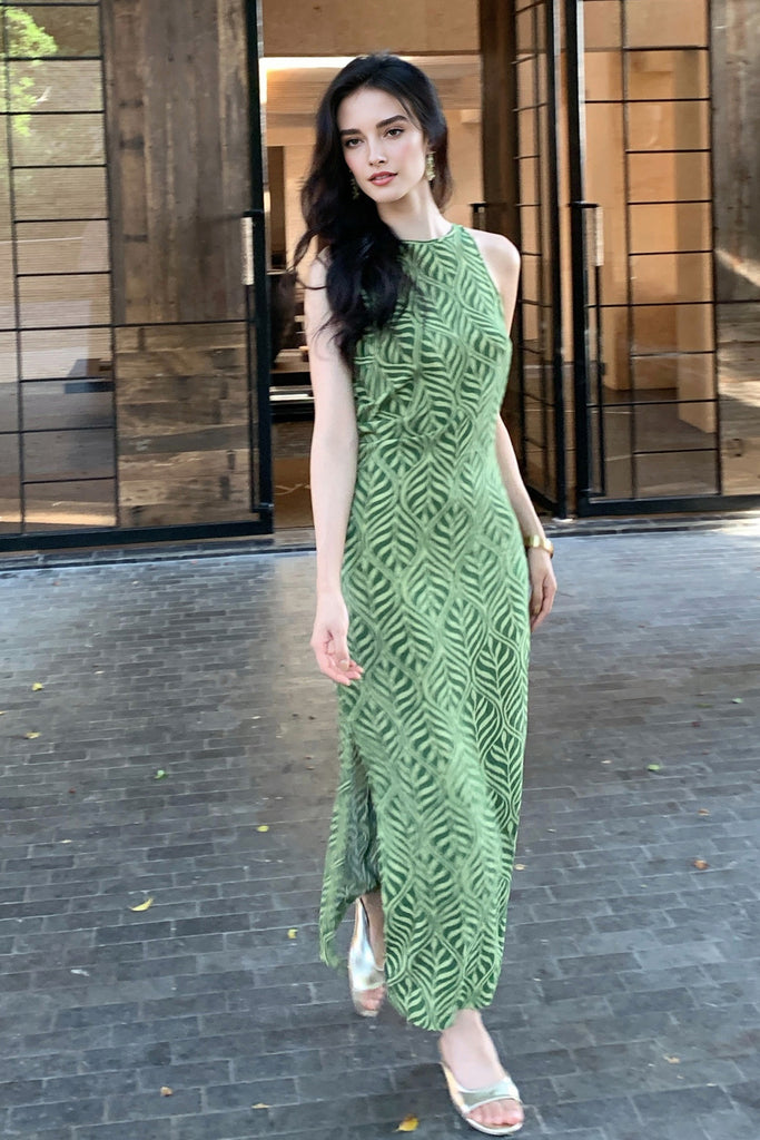 Green Paisley Print Sleeveless Maxi Dress  Fibflx