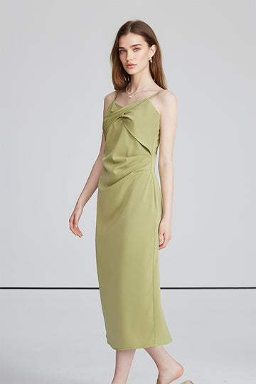 Green Spaghetti-Strap Twist-Front Midi Dress - Fibflx