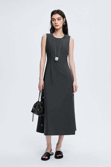 Grey Crew-Neck A-Line Tank Midi Dress - Fibflx