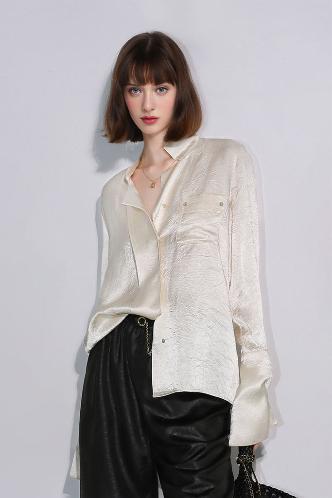 Hammered Satin Long-Sleeve Button-Down Shirt  Fibflx