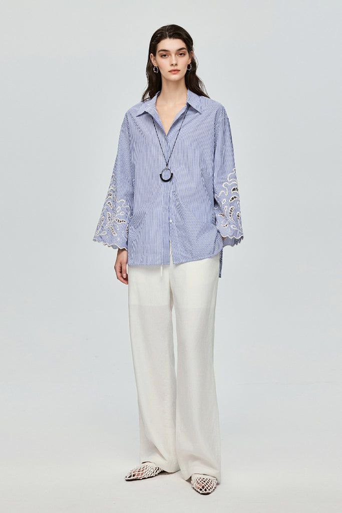 Hand-Embroidered Striped Flared-Sleeve Cotton Shirt - Fibflx