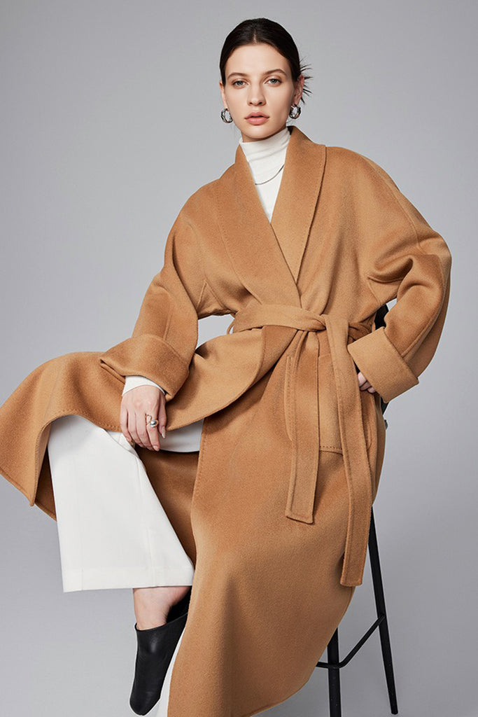 Hand-Finished Double-Faced Long Wool-Cashmere Wrap Coat  Fibflx