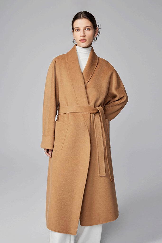 Hand-Finished Double-Faced Long Wool-Cashmere Wrap Coat  Fibflx