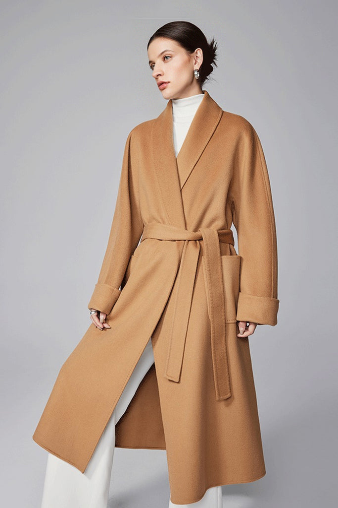 Hand-Finished Double-Faced Long Wool-Cashmere Wrap Coat  Fibflx
