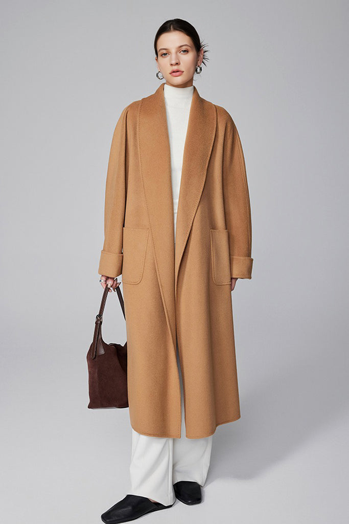 Hand-Finished Double-Faced Long Wool-Cashmere Wrap Coat  Fibflx