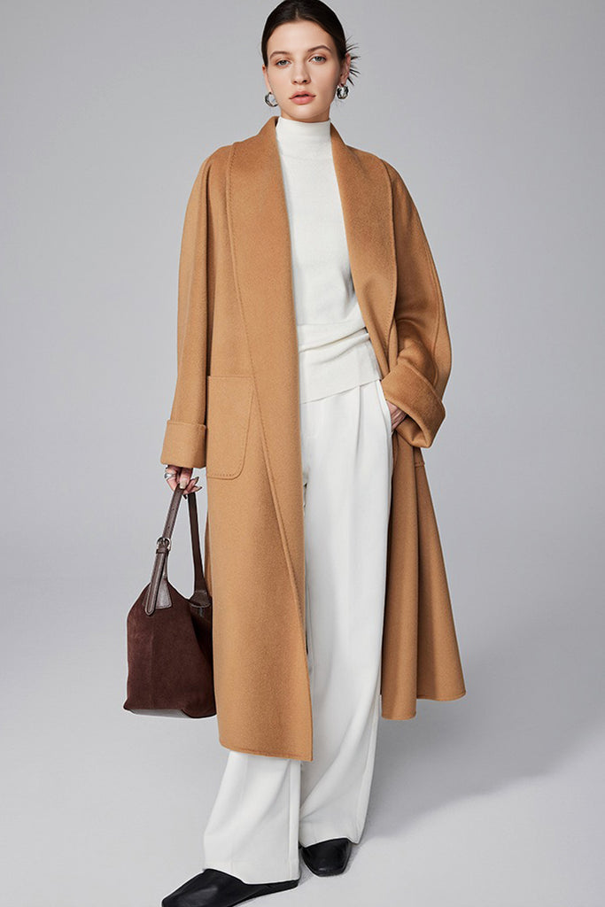 Hand-Finished Double-Faced Long Wool-Cashmere Wrap Coat  Fibflx