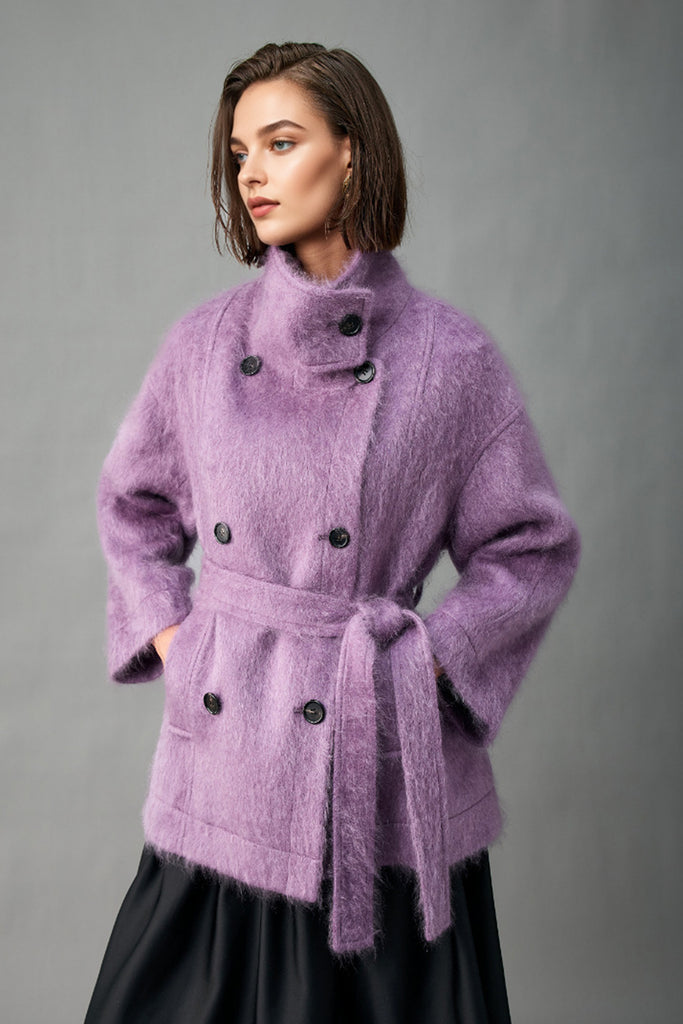 Handcrafted 100% Brushed Cashmere Double-Breasted Belted Coat  Fibflx
