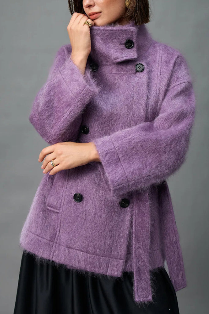 Handcrafted 100% Brushed Cashmere Double-Breasted Belted Coat  Fibflx