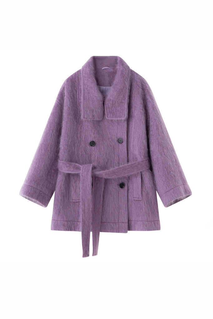Handcrafted 100% Brushed Cashmere Double-Breasted Belted Coat  Fibflx