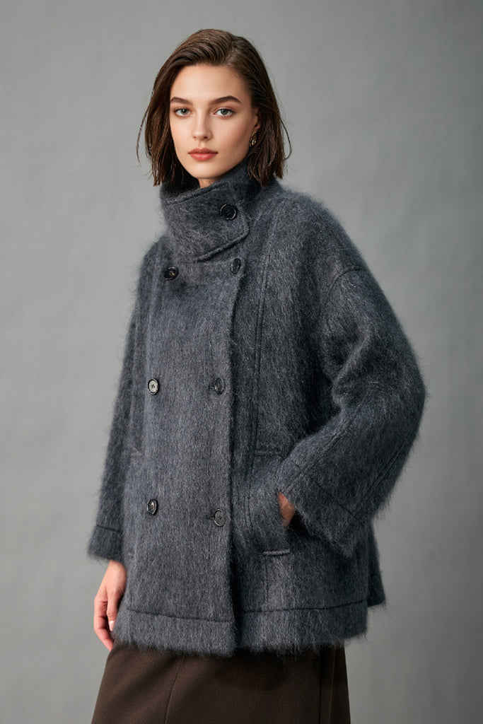 Handcrafted 100% Brushed Cashmere Double-Breasted Belted Coat  Fibflx