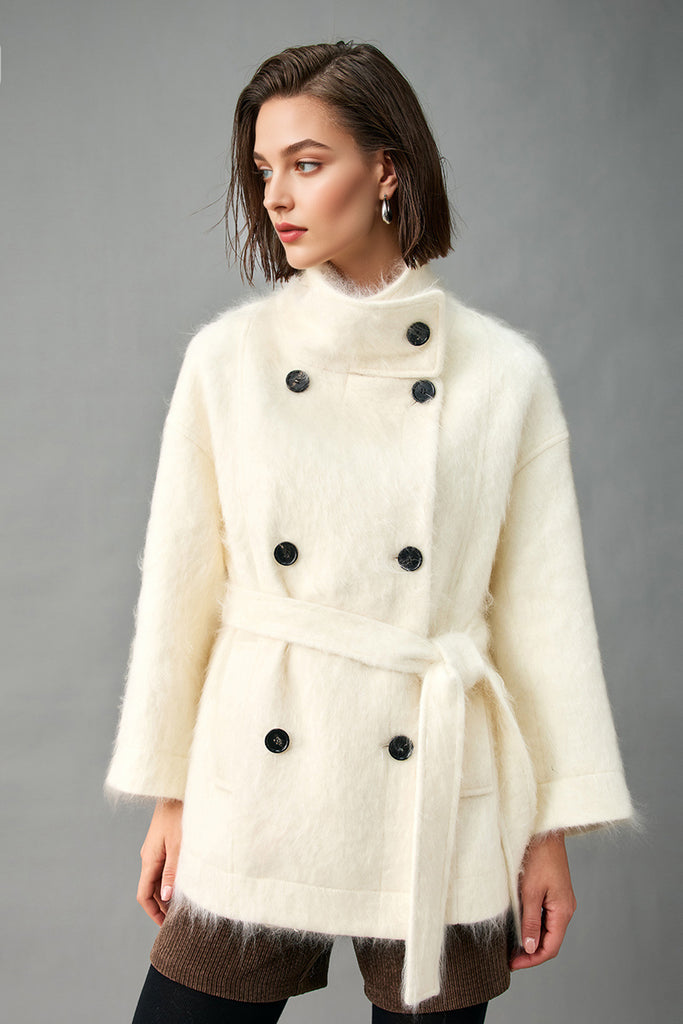 Handcrafted 100% Brushed Cashmere Double-Breasted Belted Coat  Fibflx