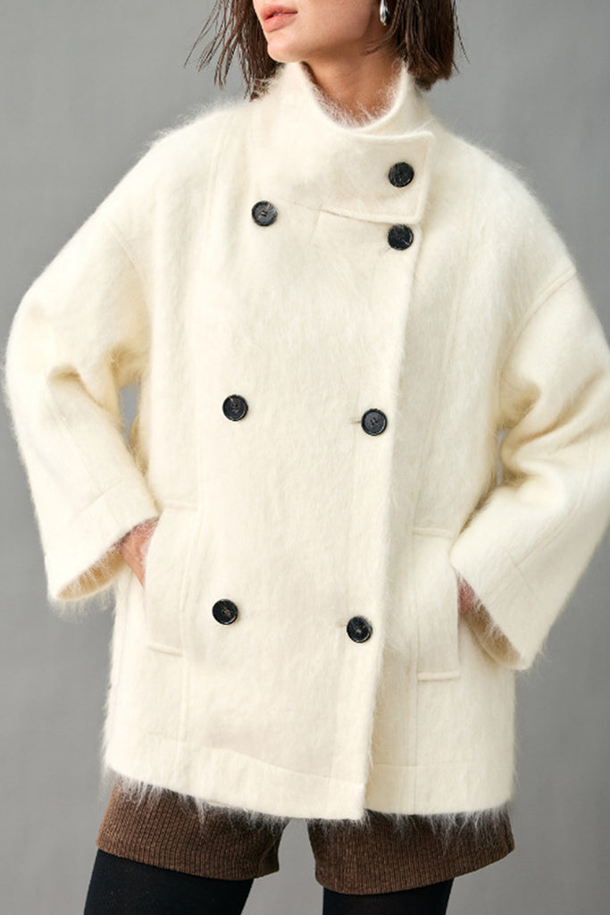 Handcrafted 100% Brushed Cashmere Double-Breasted Belted Coat  Fibflx
