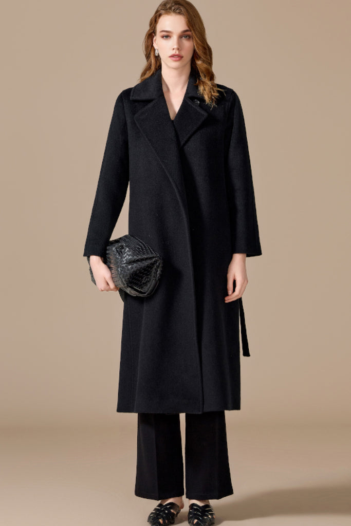 Handcrafted 100% Camel Hair Belted Wrap Maxi Coat Black / XL Fibflx