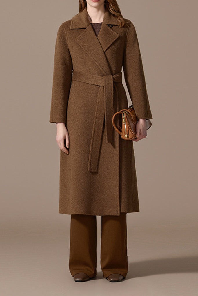 Handcrafted 100% Camel Hair Belted Wrap Maxi Coat Chocolate Brown / XL Fibflx