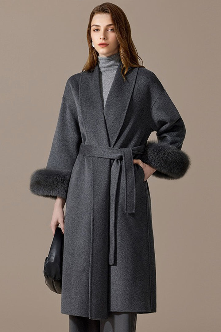 Handcrafted 100% Cashmere Double-Faced  Long Wrap Coat with Fox Fur Cuffs  Fibflx