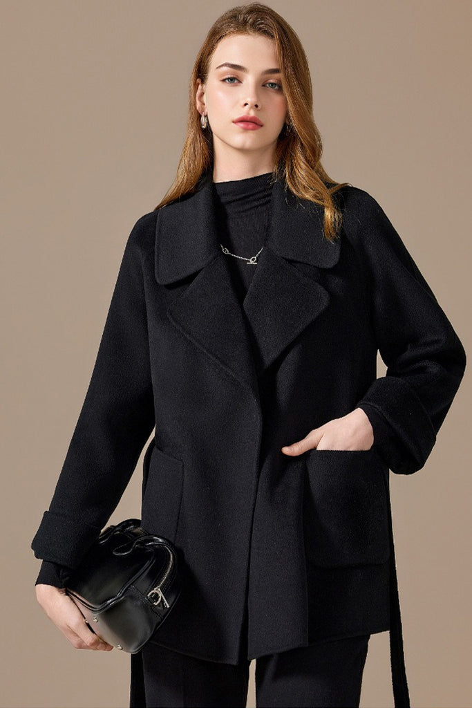 Handcrafted 100% Cashmere Double-Faced Short Belted Coat  Fibflx