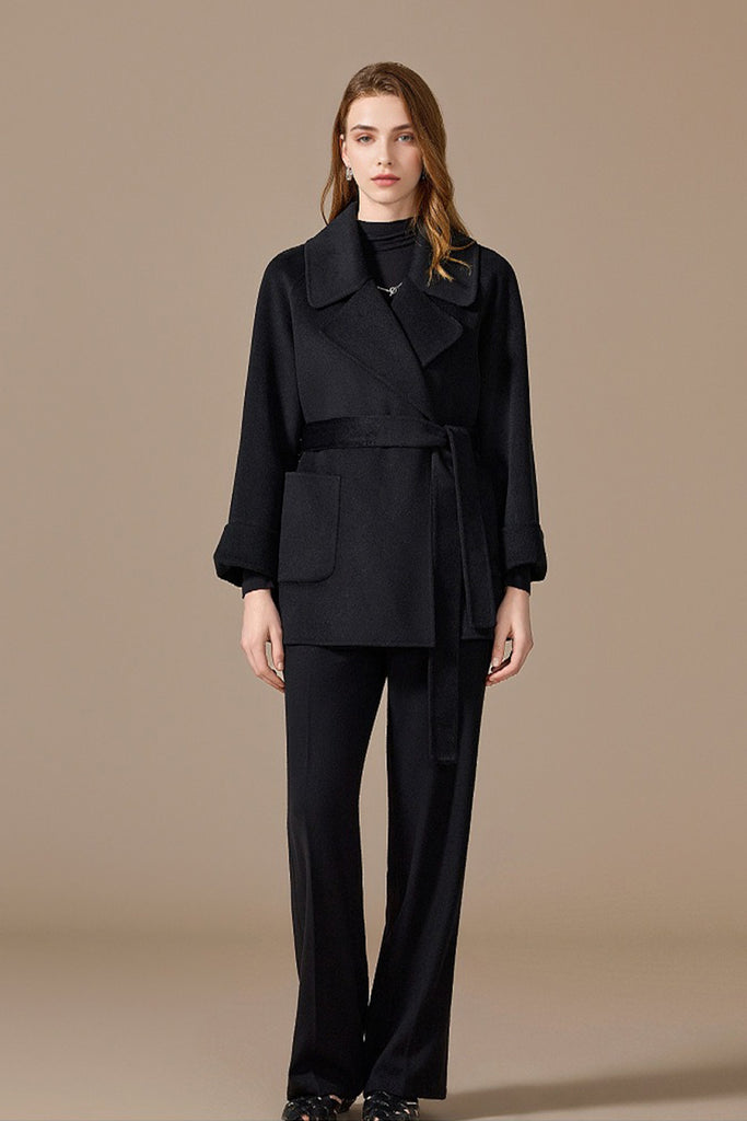 Handcrafted 100% Cashmere Double-Faced Short Belted Coat  Fibflx