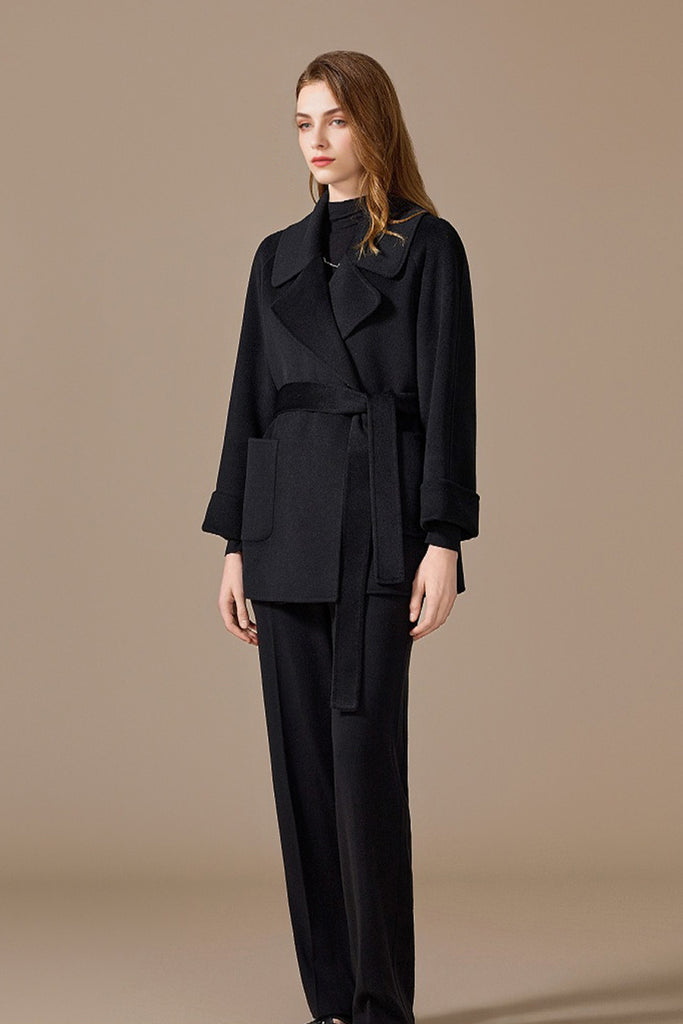 Handcrafted 100% Cashmere Double-Faced Short Belted Coat  Fibflx