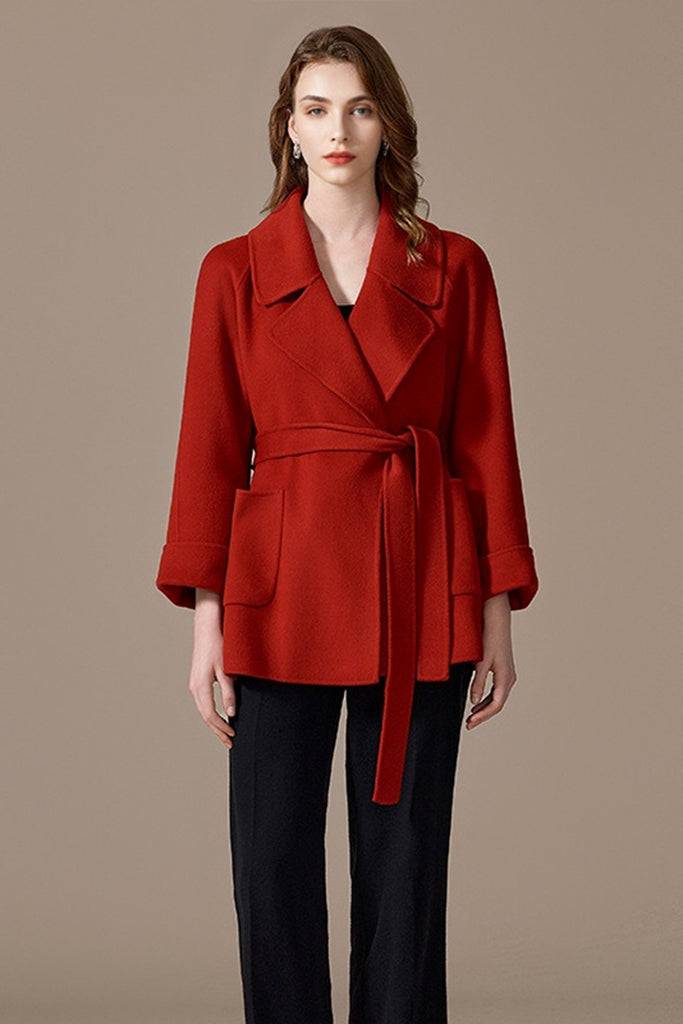 Handcrafted 100% Cashmere Double-Faced Short Belted Coat  Fibflx