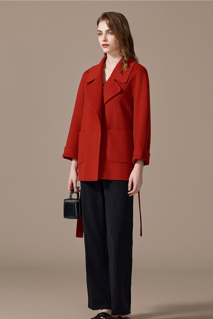 Handcrafted 100% Cashmere Double-Faced Short Belted Coat  Fibflx